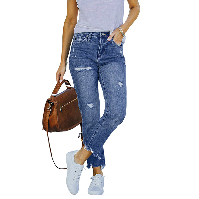 Damen High-Waist Jeans mit geradem Bein, Destroyed-Optik und rohem Saum Shop Nory