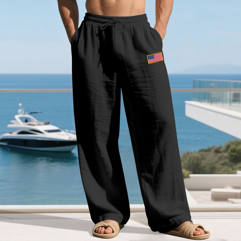 Herren Maritime Relaxed‑Fit Leinenoptik-Freizeithose mit Tunnelzug & Flaggen-Patch Shop Nory