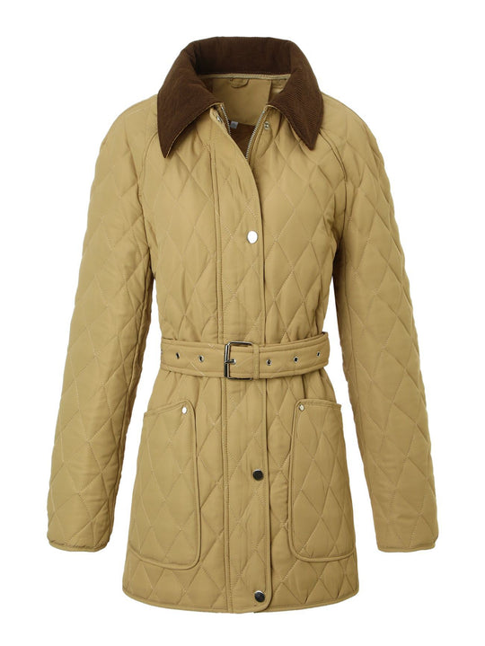 Damen Lange Steppjacke-Mantel mit tailliertem Gürtel und Kontrast-Cordkragen Shop Nory