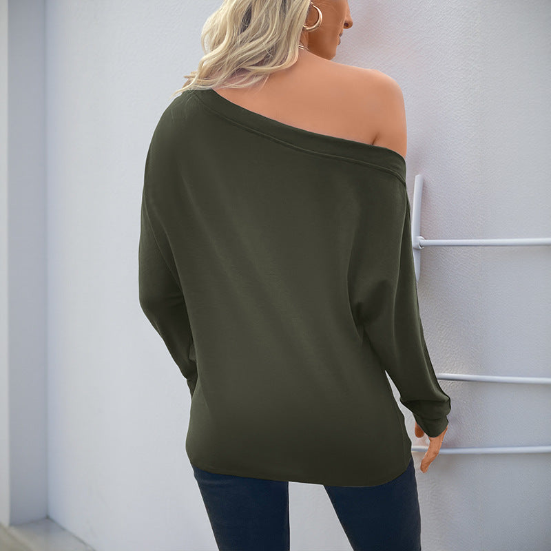 Damen Oversized schulterfreies Langarmshirt mit Fledermausärmeln und Knopfmanschetten Shop Nory