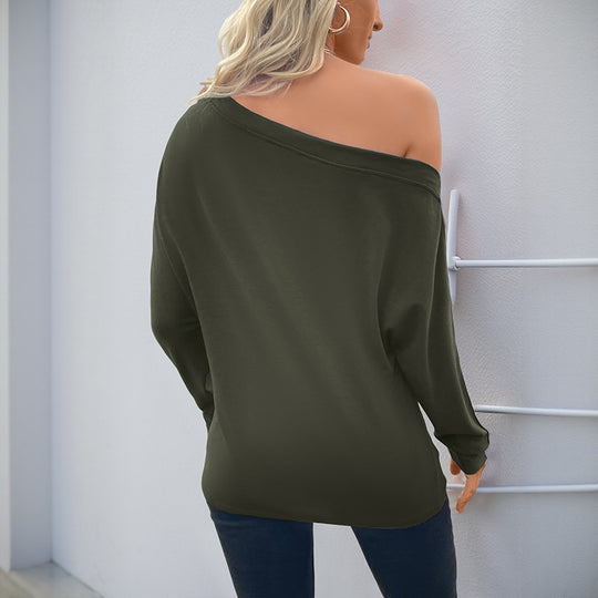 Damen Oversized schulterfreies Langarmshirt mit Fledermausärmeln und Knopfmanschetten Shop Nory