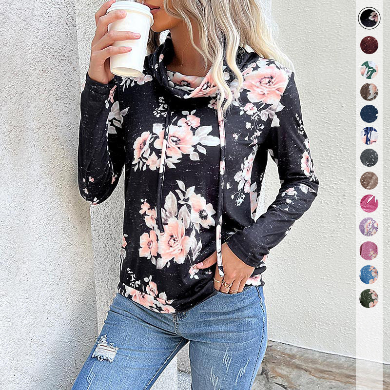 Damen Floraler Leichter Kapuzenpullover mit Wasserfallkragen und Tunnelzug Shop Nory