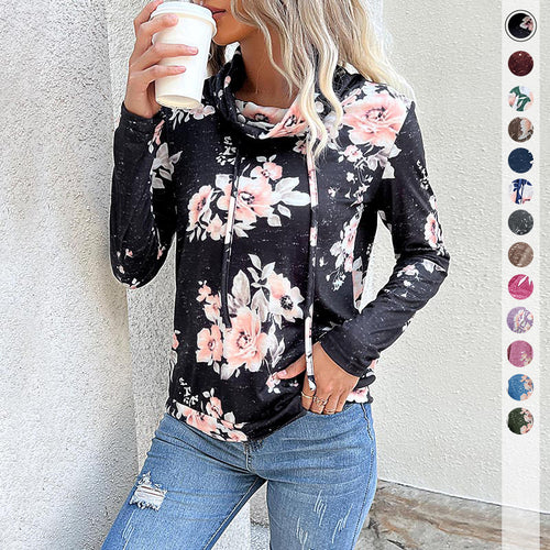 Damen Floraler Leichter Kapuzenpullover mit Wasserfallkragen und Tunnelzug Shop Nory