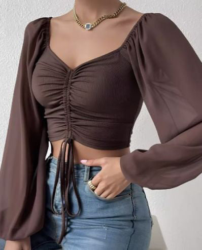 Damen Crop-Top mit strukturiertem Körper und eleganten Puffärmeln