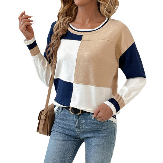 Damen Zweifarbiger Patchwork-Feinstrickpullover mit Rundhalsausschnitt und Rippbündchen Shop Nory