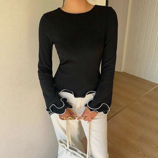 Damen Figurbetontes Langarmshirt mit Volantärmeln und welligem Saum Shop Nory