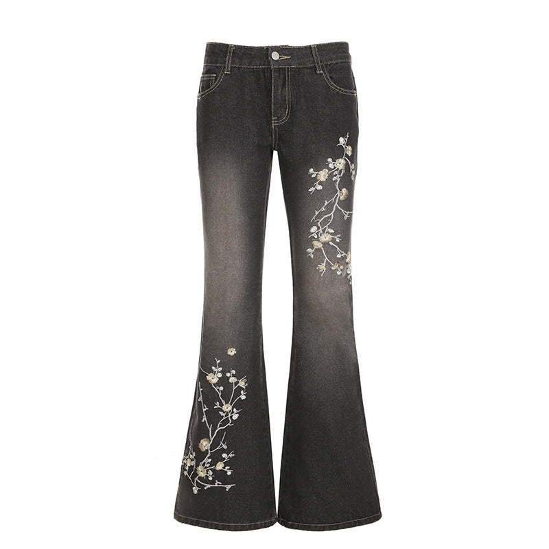 Damen Flared Jeans mit floralem Stickdesign und hohem Taillenbund
