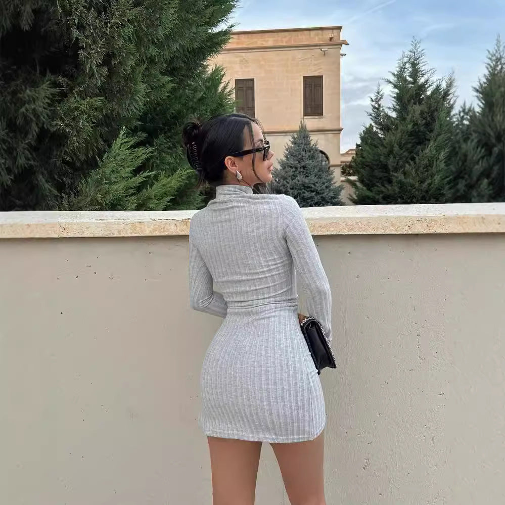 Damen Enganliegendes Rippstrick-Minikleid mit Rollkragen und langen Ärmeln Shop Nory