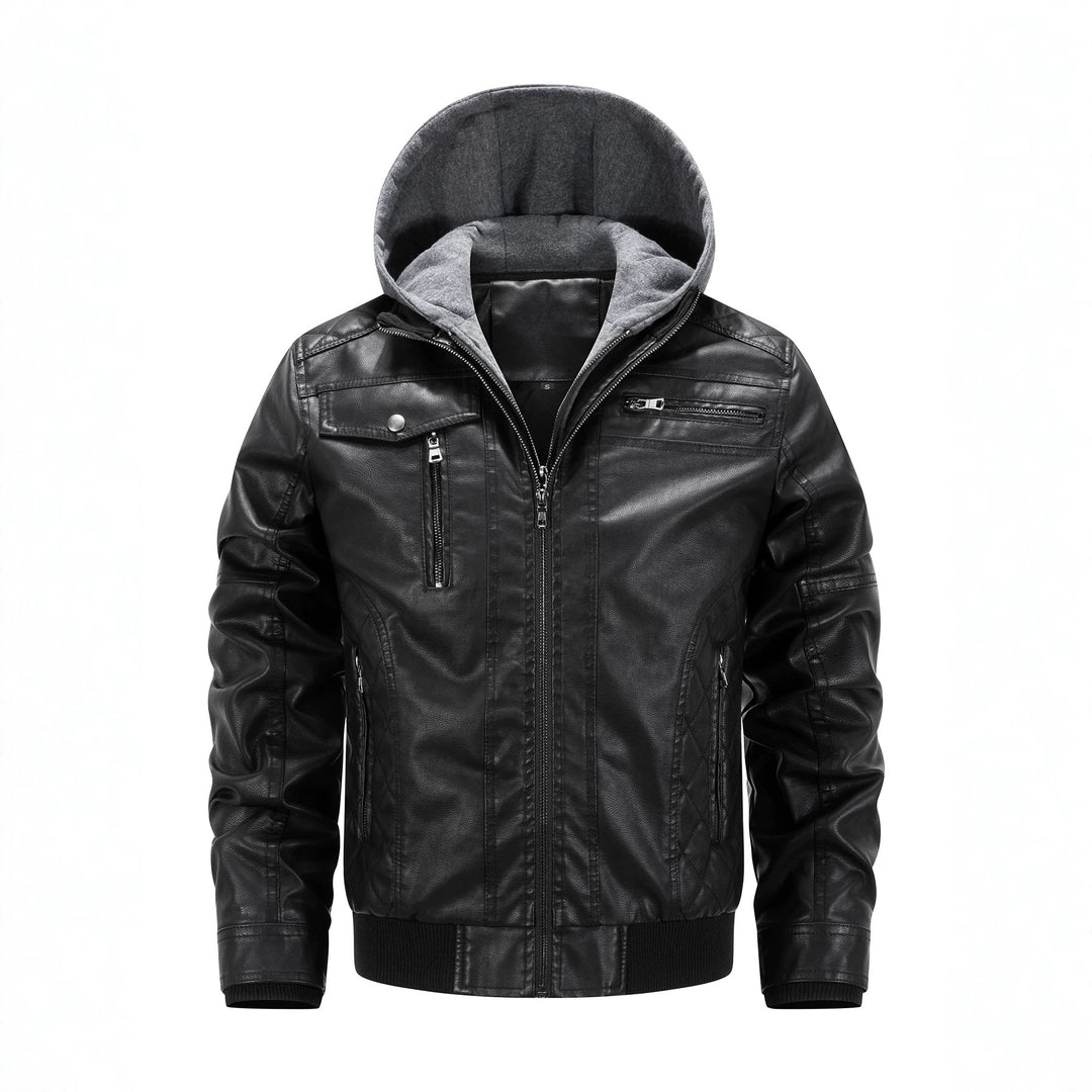 Herren Kunstleder-Bikerjacke mit abnehmbarer Kapuzenblende und gesteppter Seitenpartie Shop Nory