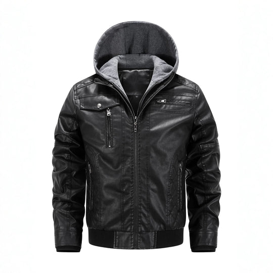 Herren Kunstleder-Bikerjacke mit abnehmbarer Kapuzenblende und gesteppter Seitenpartie Shop Nory