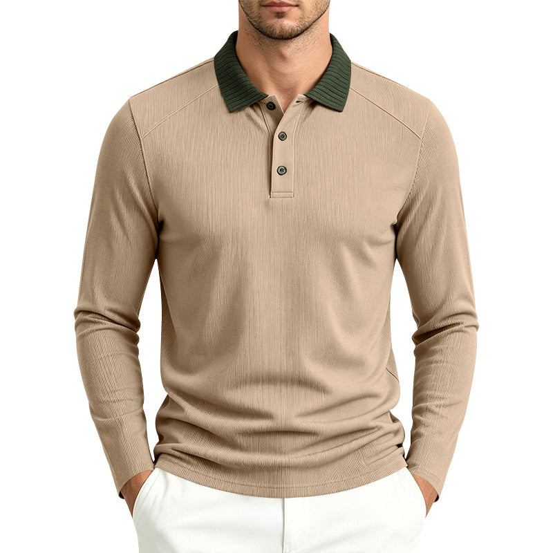 Herren Langarm-Poloshirt mit gerippter Kontrastkragen und feiner Waffelstruktur Shop Nory