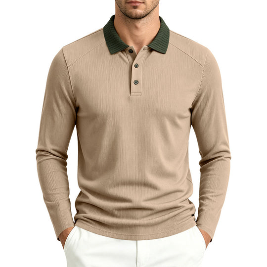 Herren Langarm-Poloshirt mit gerippter Kontrastkragen und feiner Waffelstruktur Shop Nory