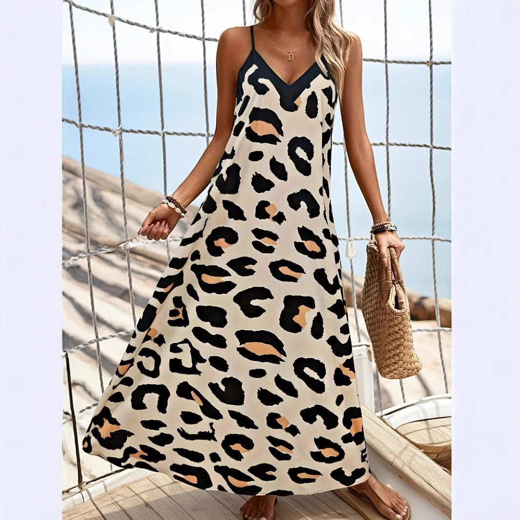 Damen Maxikleid mit Tiermotiv und spaghettiträgern