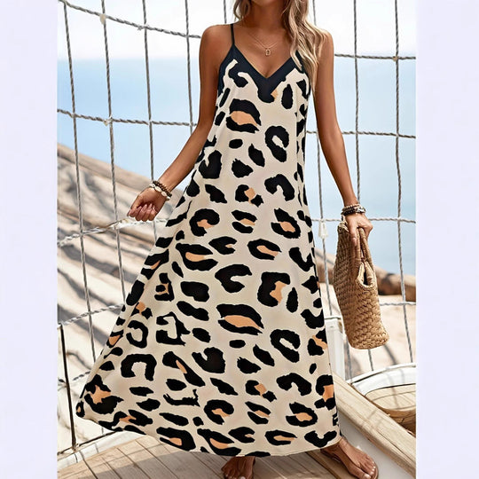 Damen Maxikleid mit Tiermotiv und spaghettiträgern