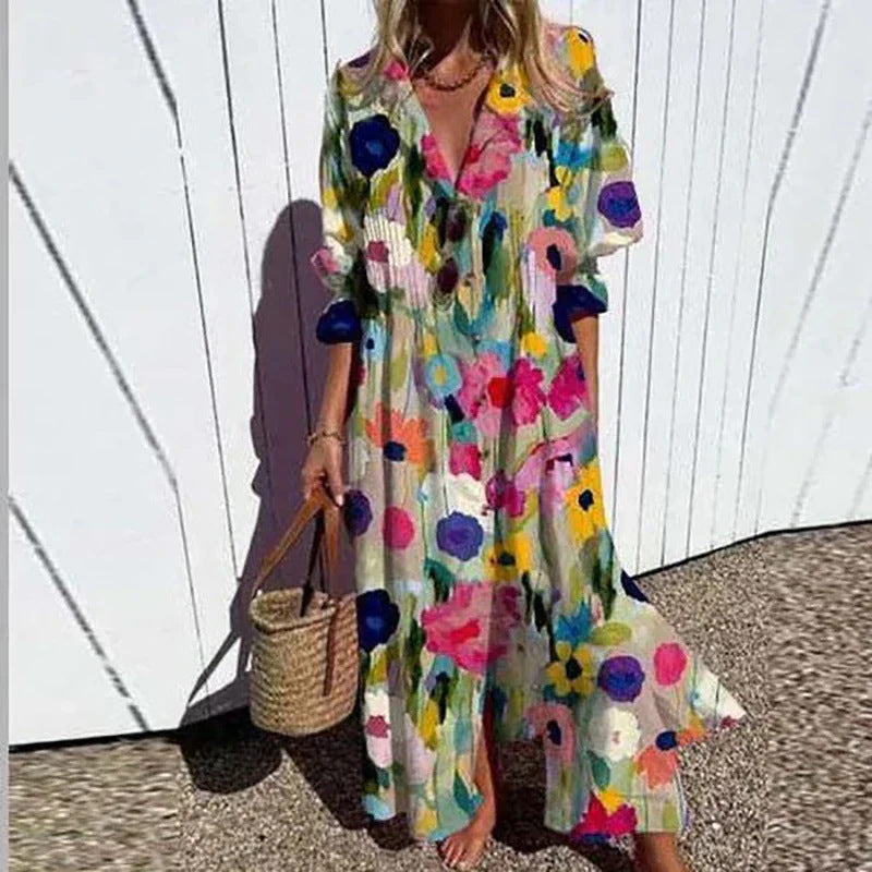 Frauen Fließendes Maxikleid mit Durchgehendem Knopfverschluss V-Ausschnitt und Volksdruck Shop Nory