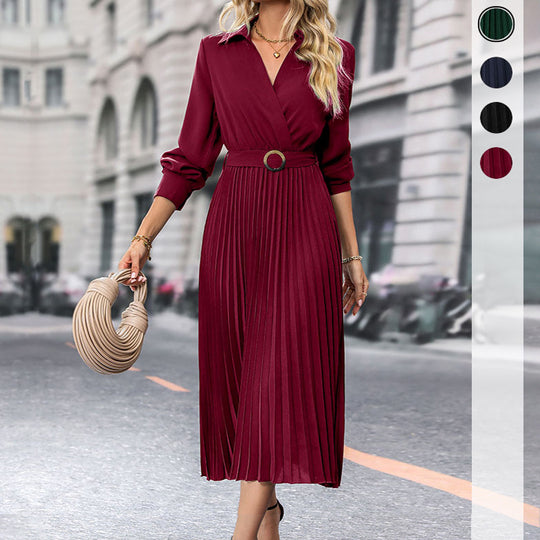 Damen Midi-Faltenkleid mit Wickeloberteil, Taillengürtel und Plissee-Rock Shop Nory