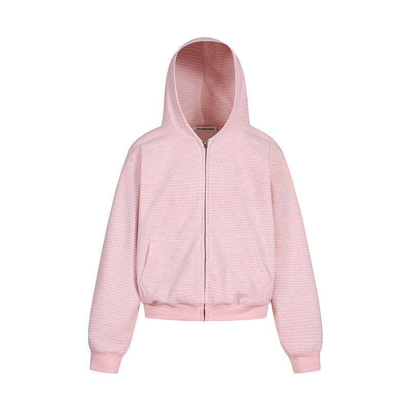 Damen Kurz geschnittene Kapuzen-Sweatjacke mit kurzem Bund, Streifenstruktur und Reißverschluss Shop Nory
