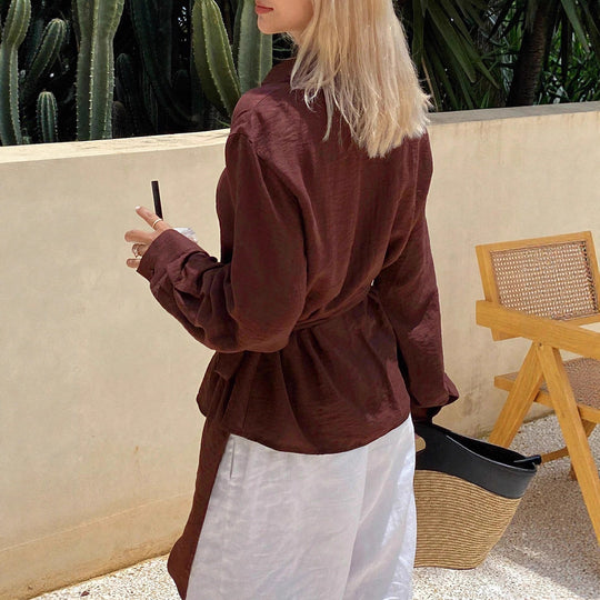 Damen Asymmetrische V‑Ausschnitt Bluse mit Hemdkragen und Ballonärmeln Shop Nory
