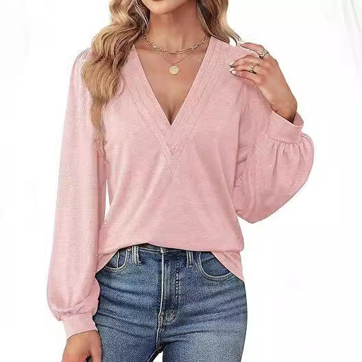 Damen lässiges V-Ausschnitt Shirt mit Puffärmeln und eleganter Raffung Shopnory