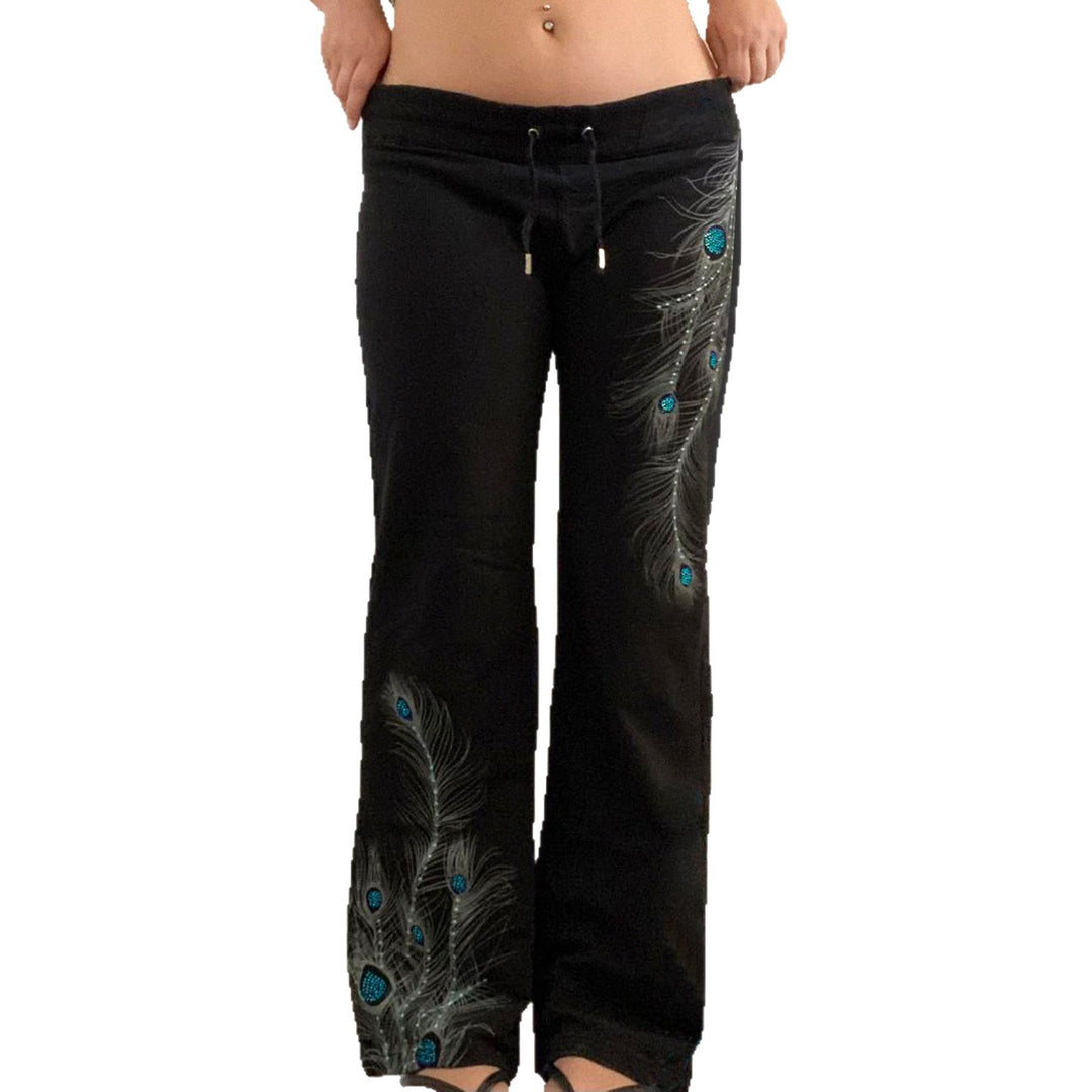 Damen nan weite Loungehose mit Kordelzug, hohem Komfortbund und Pfauenfeder-Print Shop Nory