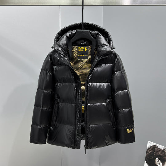 Herren glänzende gesteppte Daunenjacke mit Kapuze und hohem Kragen Shop Nory
