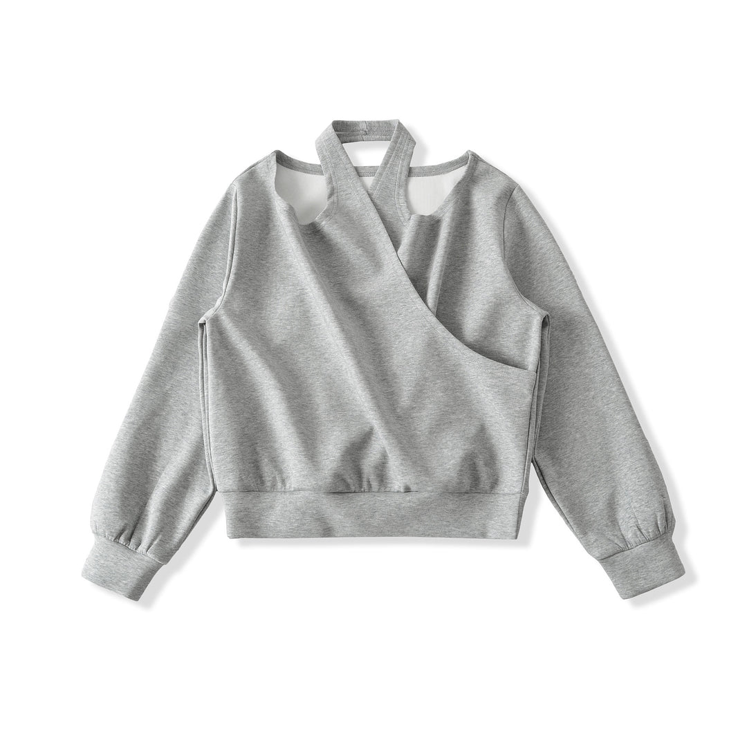Damen Cropped Sweatshirt mit Neckholder, Cold-Shoulder und Wickeloptik Shop Nory