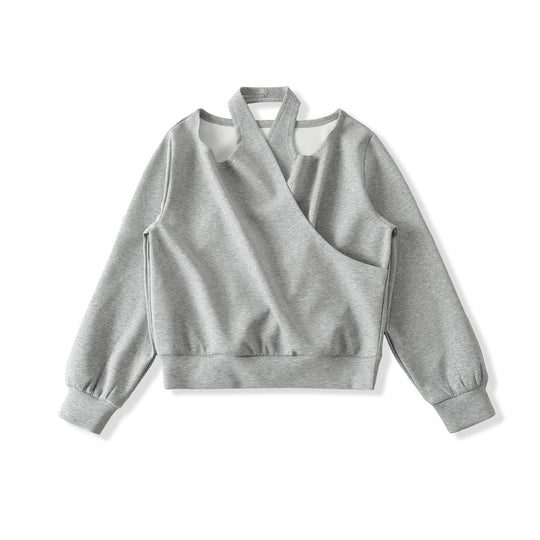 Damen Cropped Sweatshirt mit Neckholder, Cold-Shoulder und Wickeloptik Shop Nory