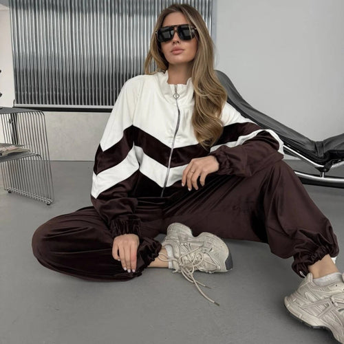 Damen Retro-inspiriertes Samt-Trackset mit Chevron-Design, Stehkragen und weiter High-Waist-Jogger Shop Nory