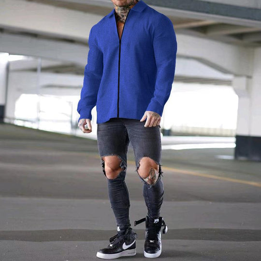 Herren nan strukturiertes Langarm-Hemdjacke mit verdecktem Halbzip, Kentkragen und leichter Waffelstruktur Shop Nory