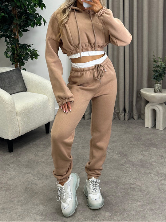 Damen Kurzschnitt-Kapuzenpullover und Hochtaillierte Jogginghose Set Shop Nory