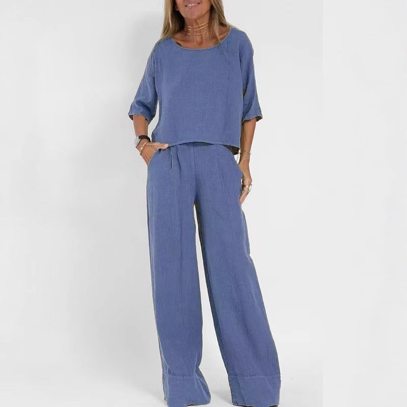 Damen luftiges Leinen-Ensemble mit weitem Schnitt und praktischen Taschen