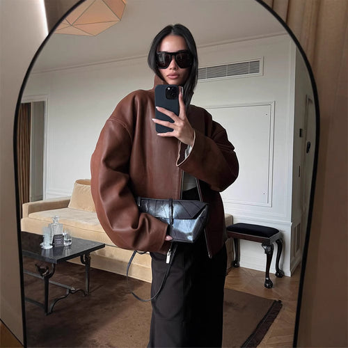 Damen Oversized Lederblouson mit soften Teddy-Innenfutter und Verdeckt-Reißverschluss Shop Nory