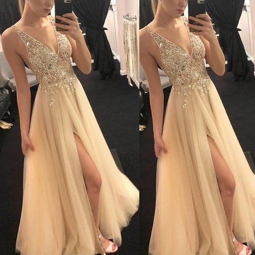 Damen Glamouröses Abendkleid mit funkelnder Applikation und hochgeschlitzt Design