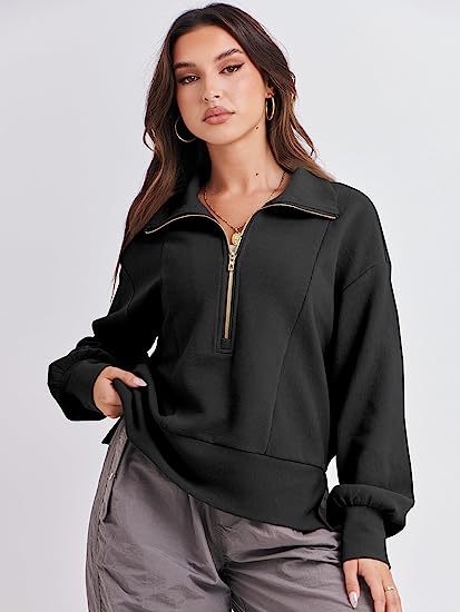 Damen Halb-Zip Kragen Entspannt Sweatshirt Pullover mit Rippbund und -manschetten Shop Nory