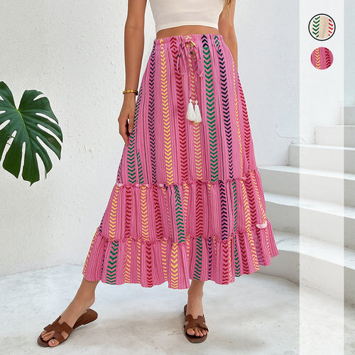 Damen Langer Stufen-Maxi-Rock mit Ethno-Streifen und Kordelbund Shop Nory