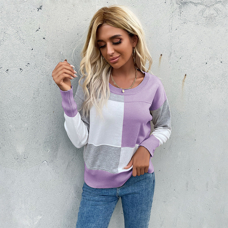 Damen Patchwork-Strickpullover mit kontrastierenden Feldern, Rundhalsausschnitt und gerippten Abschlüssen Shop Nory