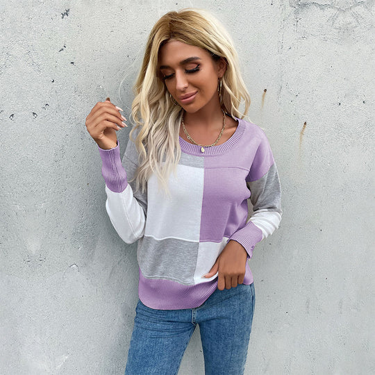 Damen Patchwork-Strickpullover mit kontrastierenden Feldern, Rundhalsausschnitt und gerippten Abschlüssen Shop Nory