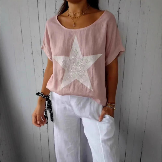 Damen lässiges Leinenoberteil mit glitzerndem Sternmotiv Shopnory