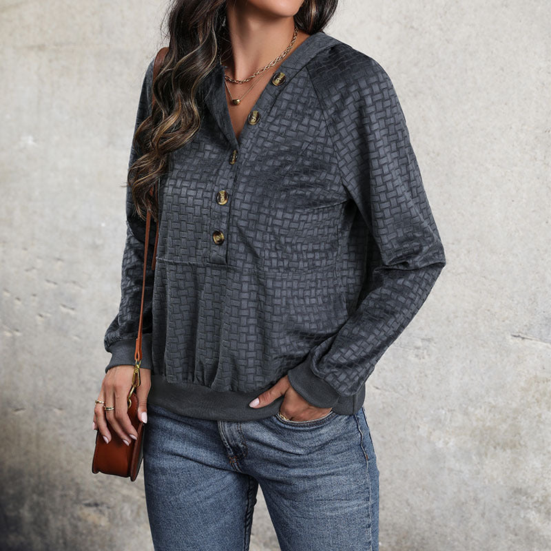Damen Texturierter Kapuzenpullover mit Knopfleiste und Strukturmuster Shop Nory