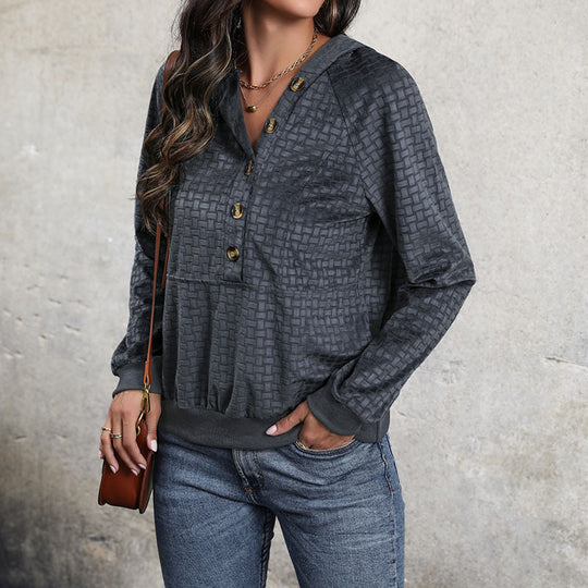 Damen Texturierter Kapuzenpullover mit Knopfleiste und Strukturmuster Shop Nory