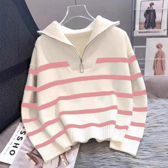 Damen Gestreifter Halb-Reißverschluss Strickpullover mit Rippenkragen Shop Nory
