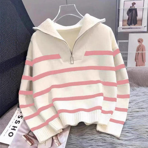 Damen Gestreifter Halb-Reißverschluss Strickpullover mit Rippenkragen Shop Nory