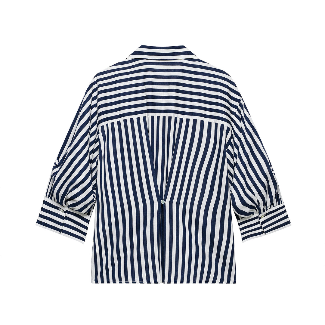 Damen Oversized Hemdbluse mit maritimem Nadelstreifen und dreiviertellangen Ballonärmeln Shop Nory