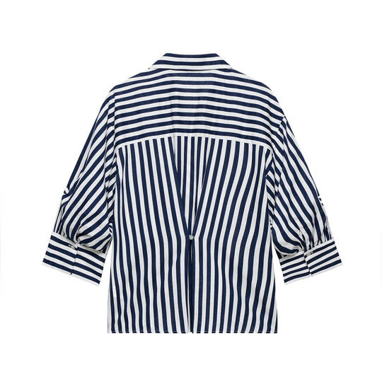 Damen Oversized Hemdbluse mit maritimem Nadelstreifen und dreiviertellangen Ballonärmeln Shop Nory