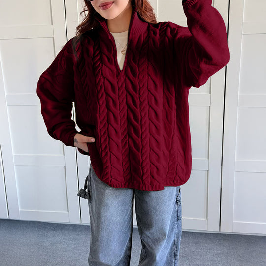 Damen nan oversized Zopfmuster-Troyer mit halbem Reißverschluss, hohem Stehkragen und gerundetem Saum Shop Nory