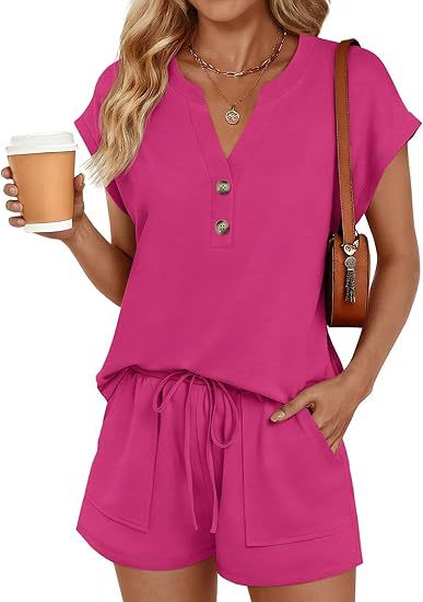 Damen Lässiges zweiteiliges Lounge-Set mit Knopfleiste, Kordelzugshorts und Eingrifftaschen Shop Nory