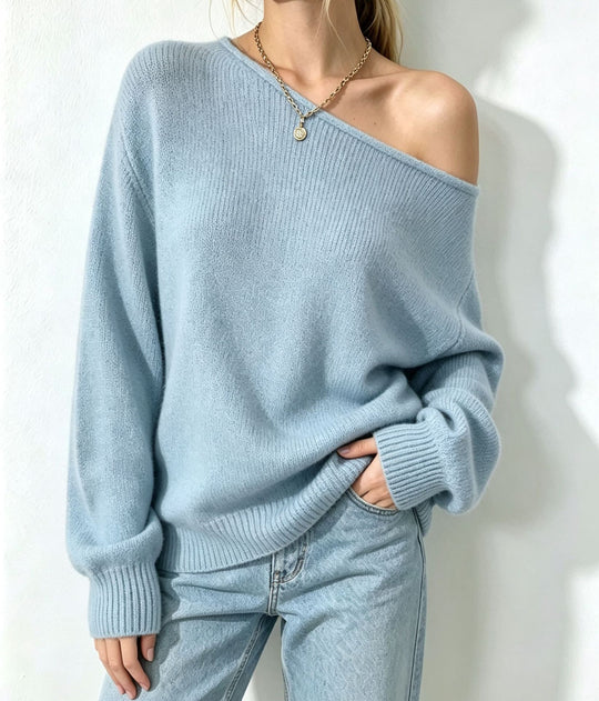 Damen Oversize Off-Shoulder Feinstrickpullover mit gerippten Bündchen Shop Nory