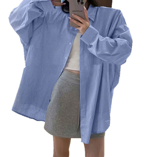 Damen nan oversized Hemd mit feiner Nadelstreifenstruktur, Kentkragen, abgerundetem Saum und geknöpften Manschetten Shop Nory