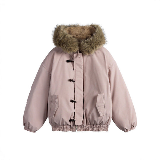 Unisex Gepolsterte Kapuzenjacke im Boxy‑Cut mit Teddyinnenfutter, Kunstfellkragen und Knebelverschlüssen Shop Nory