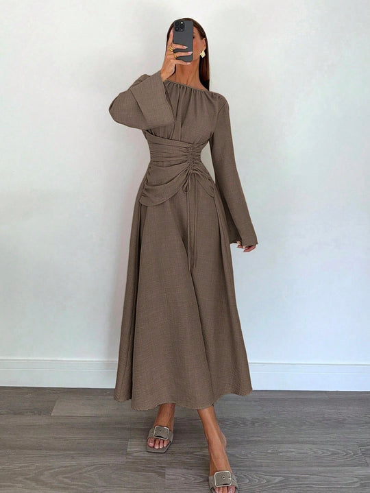 Damen Maxikleid mit geraffter Taillen-Schnürung, weiten Ärmeln und fließendem Rock Shop Nory